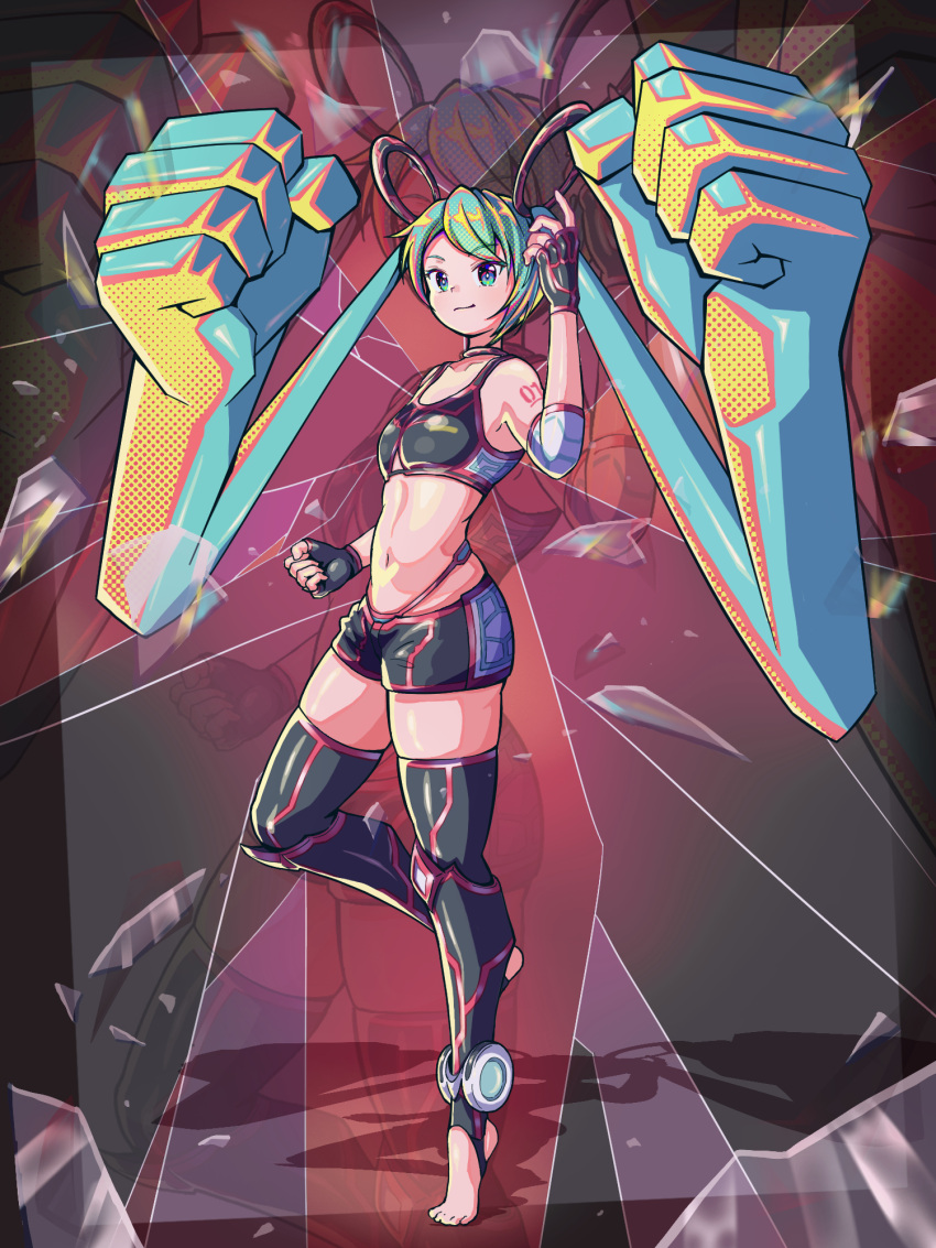 1girl aqua_eyes aqua_hair bangs black_gloves black_legwear black_shorts black_tank_top broken_glass clenched_hand closed_mouth commentary elbow_pads english_commentary eyebrows_visible_through_hair fingerless_gloves full_body glass gloves hand_up hatsune_miku highres kurohanesawa long_hair looking_away mixed-language_commentary navel number_tattoo panty_straps short_shorts shorts shoulder_tattoo sleeveless solo standing standing_on_one_leg stirrup_legwear swept_bangs tank_top tattoo toeless_legwear twintails very_long_hair vocaloid zoom_layer