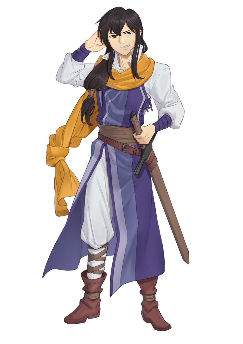 1boy bangs belt black_eyes black_hair boots brown_belt brown_footwear brown_sash commentary ebinku english_commentary fire_emblem fire_emblem:_thracia_776 full_body grin hand_in_own_hair hand_up high_collar highres long_hair long_sleeves looking_at_viewer low-tied_long_hair male_focus pants puffy_sleeves sash scabbard scarf shannam_(fire_emblem) sheath sheathed shirt side_slit simple_background smile solo standing sweat sword tabard tachi-e weapon white_background white_pants white_shirt wrist_wrap yellow_scarf