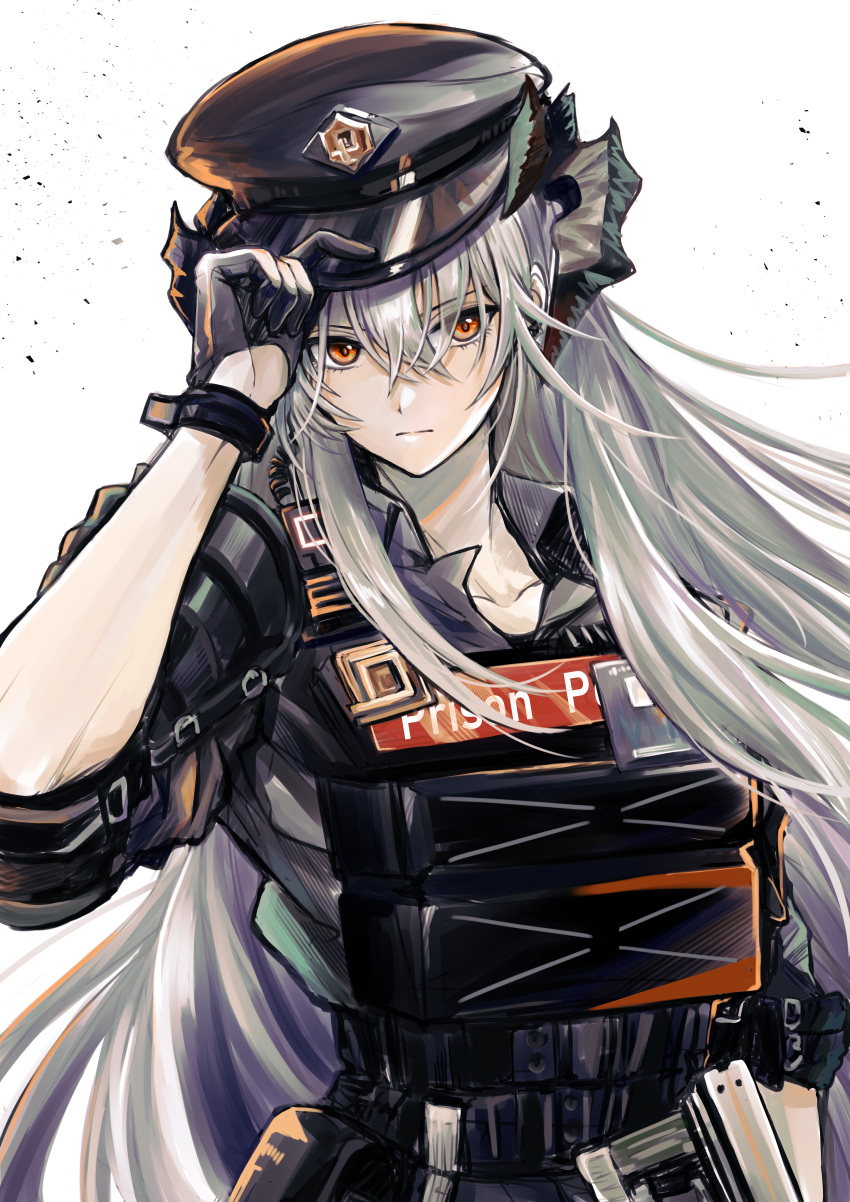 1girl absurdres adjusting_clothes adjusting_headwear arknights arm_up bangs black_gloves black_headwear black_shirt chiwa_(chiwawanwan1206) closed_mouth collared_shirt dragon_horns eyebrows_visible_through_hair eyes_visible_through_hair gloves grey_hair hat highres horns long_hair looking_at_viewer official_alternate_costume orange_eyes plate_carrier police_hat saria_(arknights) saria_(the_law)_(arknights) shirt simple_background solo uniform upper_body white_headwear