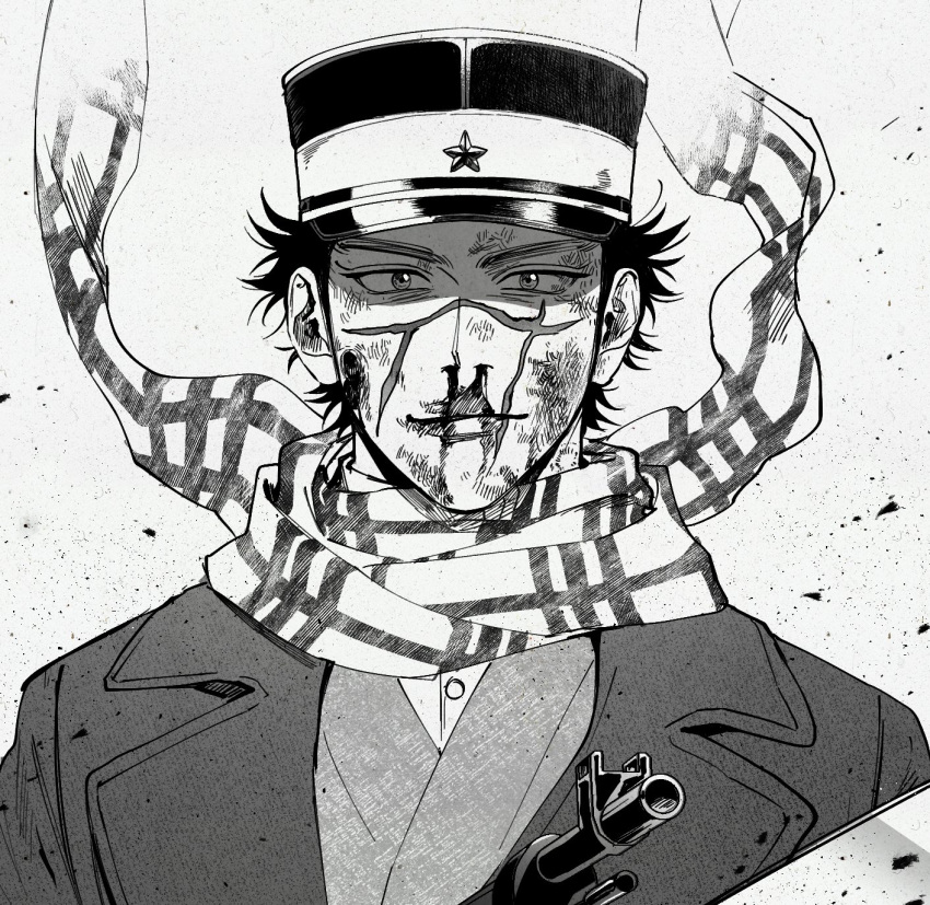 1boy 500gk black_hair blood blood_from_mouth blood_on_face golden_kamuy greyscale gun hat highres imperial_japanese_army kepi male_focus military military_hat military_uniform monochrome nosebleed scar scar_across_eye scar_on_cheek scar_on_face scarf sugimoto_saichi two-tone_headwear uniform upper_body weapon