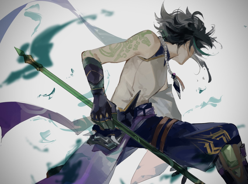 1boy arm_tattoo bead_necklace beads black_hair from_behind genshin_impact gloves green_hair grey_background highres holding holding_polearm holding_weapon jewelry male_focus mask multicolored_hair necklace polearm simple_background solo spear tassel tattoo weapon xiao_(genshin_impact) zuu_(kyuudo9)
