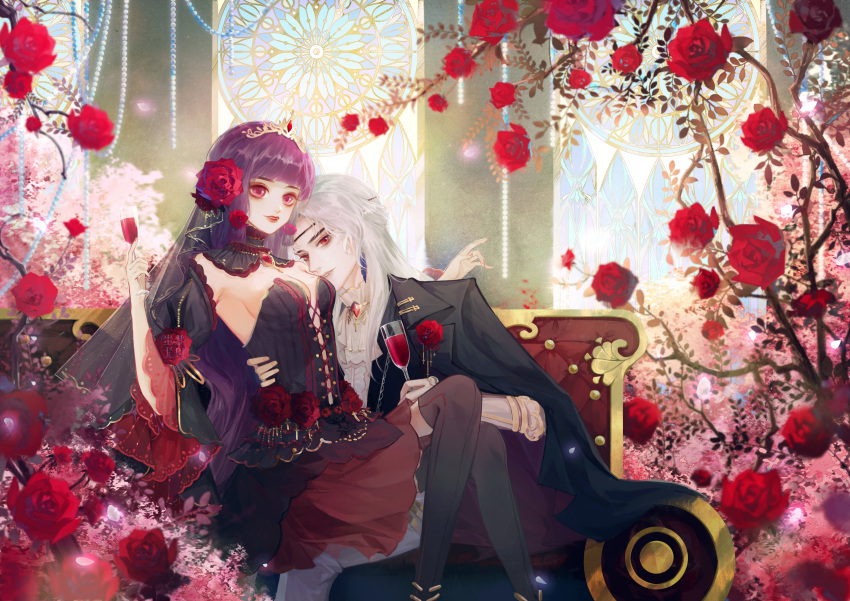 1boy 1girl absurdres alcohol black_dress chi_meng_(hua_jianghu_zhi_bei_mo_ting) cup dress drinking_glass flower hair_flower hair_ornament highres hua_jianghu_chiyou_zhuye hua_jianghu_zhi_bei_mo_ting long_hair on_lap purple_hair rose sidelocks sitting stained_glass upper_body wine wine_glass