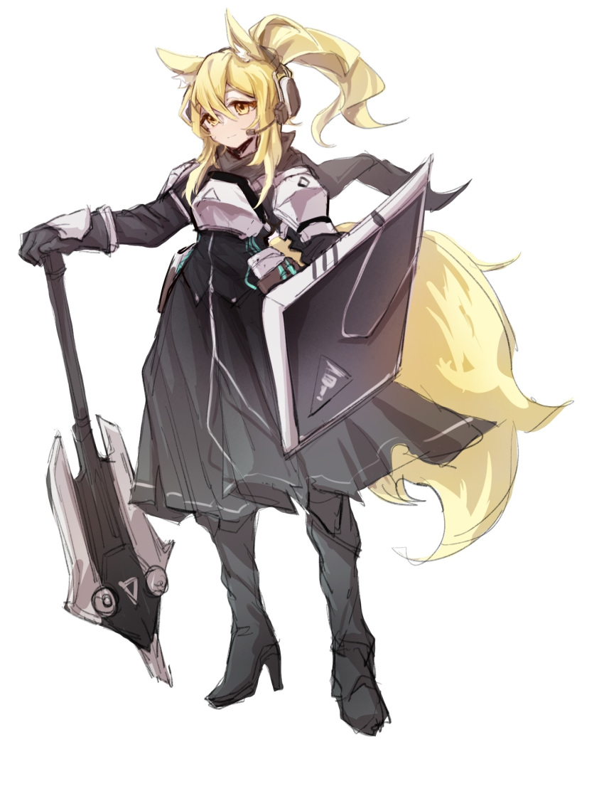 1girl anehana animal_ear_fluff animal_ears arknights armor axe bangs black_dress black_footwear black_gloves black_jacket black_scarf black_skirt blonde_hair boots breastplate breasts closed_mouth dress elbow_gloves expressionless eyebrows_visible_through_hair floating_hair full_body gauntlets gloves hair_between_eyes headset high_heel_boots high_heels highres holding holding_shield holding_weapon horse_ears horse_girl horse_tail jacket looking_at_viewer nearl_(arknights) orange_eyes pauldrons ponytail scarf shield shoulder_armor sidelocks skirt solo tachi-e tail torn_scarf transparent_background weapon white_armor wind yellow_eyes