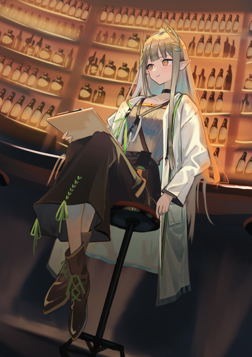 1girl absurdres alcohol arknights bangs bar bar_stool black_choker black_skirt blush brown_hair brown_legwear choker closed_mouth commentary_request highres indoors jacket long_hair muelsyse_(arknights) natsuba002 open_clothes orange_eyes pointy_ears shirt sitting skirt smile solo stool white_jacket