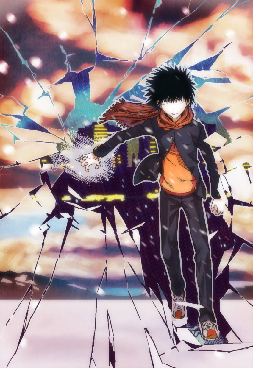 1boy black_hair black_jacket black_legwear black_pants colorized commentary dot_nose fantasy full_body gakuran gazing_eye grey_eyes haimura_kiyotaka highres hood hooded_jacket hoodie jacket kamijou_touma long_sleeves looking_at_viewer magic novel_illustration official_art orange_hoodie outstretched_arm pants scarf school_uniform short_hair solo spiky_hair spoilers toaru_majutsu_no_index toaru_majutsu_no_index:_new_testament walking white_footwear