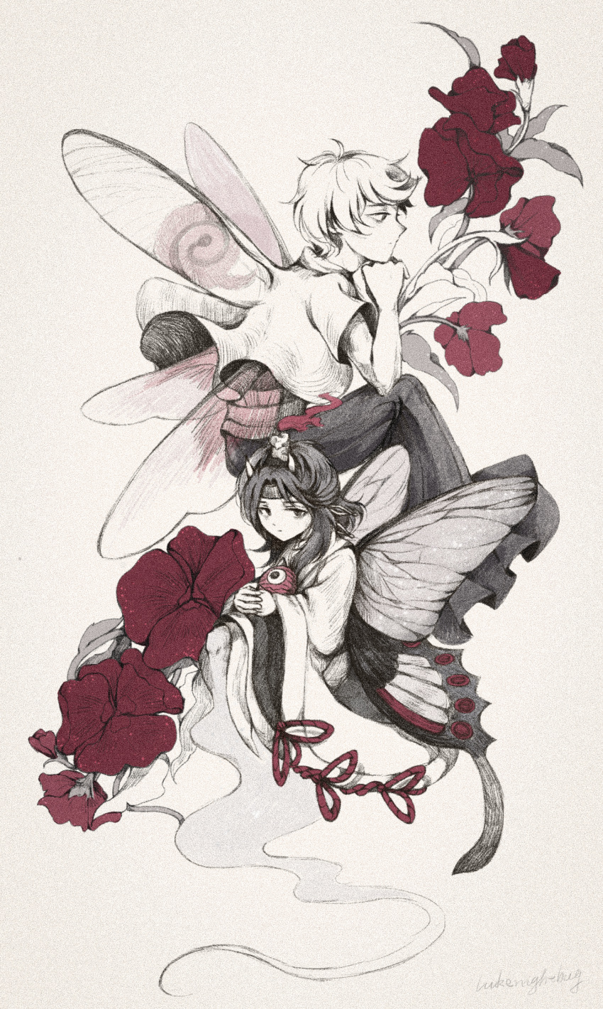2others androgynous bangs black_hair bug butterfly butterfly_wings candle flower ghost_tail highres horns japanese_clothes lakenightbug len'en monochrome multiple_others ogata_garaiya short_hair taira_no_chouki wide_sleeves wings