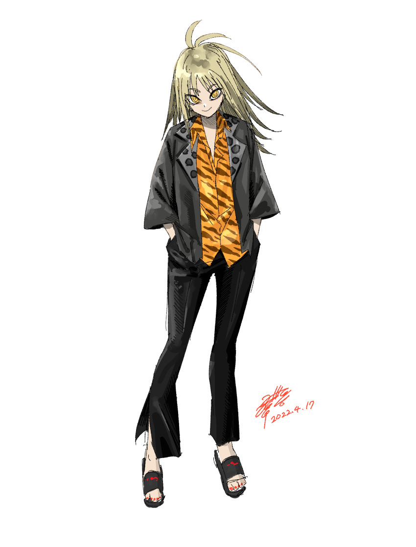 1girl animal_print black_footwear black_jacket blonde_hair closed_mouth dated eyebrows_visible_through_hair eyes_visible_through_hair grey_background hands_in_pockets hatching_(texture) highres jacket long_hair nail_polish open_clothes open_jacket original patterned patterned_clothing red_nails saitou1218 signature simple_background sketch smile solo standing tiger_print toeless_footwear toenail_polish toenails yellow_eyes