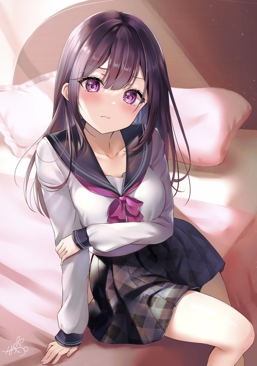 1girl absurdres arm_support bed bed_sheet black_skirt blanket blue_sailor_collar blush bow bowtie closed_mouth frown head_tilt highres indoors long_hair long_sleeves looking_at_viewer mizukanayuki on_bed original pillow pink_eyes plaid plaid_skirt pleated_skirt purple_hair red_bow red_bowtie sailor_collar school_uniform serafuku shirt signature sitting sitting_on_bed skirt solo white_shirt