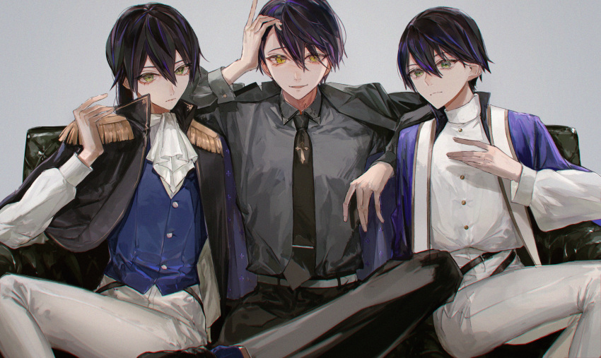 absurdres ascot black_hair black_necktie black_pants blue_vest couch epaulettes formal green_eyes grey_shirt hair_between_eyes highres kenmochi_touya looking_at_viewer naluse_flow necktie nijisanji pants shirt short_hair sitting suit vest virtual_youtuber white_ascot white_pants white_suit yellow_eyes