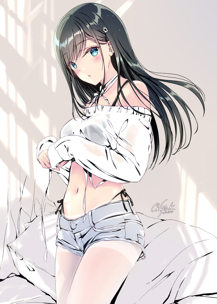 1girl black_bra black_hair black_panties blue_eyes blush bra breasts clothes_lift cutoffs denim denim_shorts hair_ornament hairclip highleg highleg_panties highres kobayashi_chisato legwear_under_shorts lifted_by_self long_hair midriff navel original panties pantyhose see-through shirt shirt_lift short_shorts shorts side-tie_panties solo thighband_pantyhose thighs underwear white_legwear white_shirt