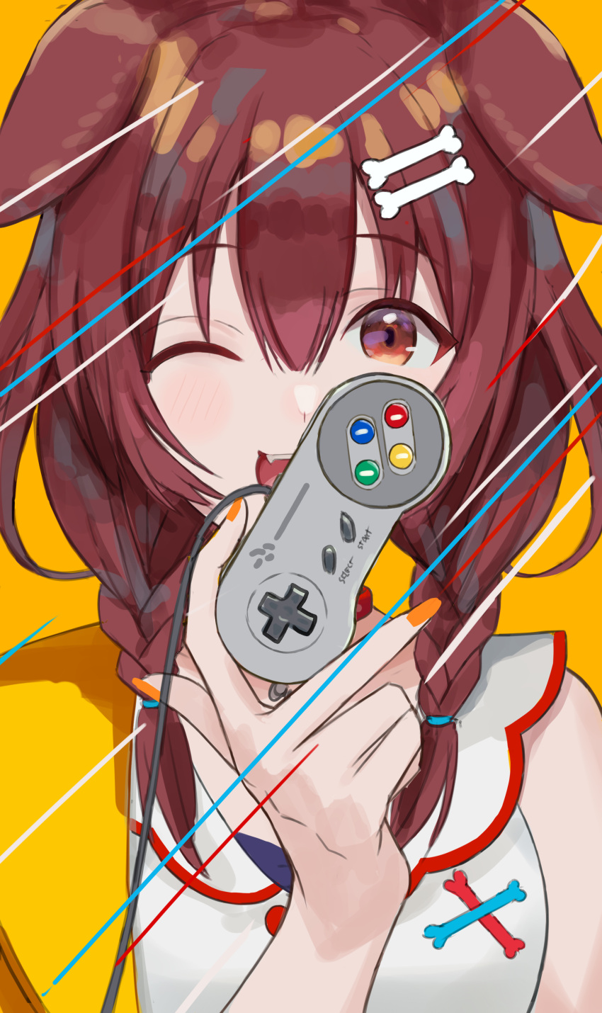 1girl absurdres animal_ears bare_shoulders bone_hair_ornament braid braided_bangs brown_eyes brown_hair commentary controller dog_ears dog_girl egas7t eyebrows_visible_through_hair fangs forehead game_console hair_between_eyes hair_ornament hand_up highres holding hololive inugami_korone looking_at_viewer nail_polish one_eye_closed open_mouth orange_nails shiny shiny_hair simple_background solo super_nintendo teeth upper_body upper_teeth virtual_youtuber yellow_background