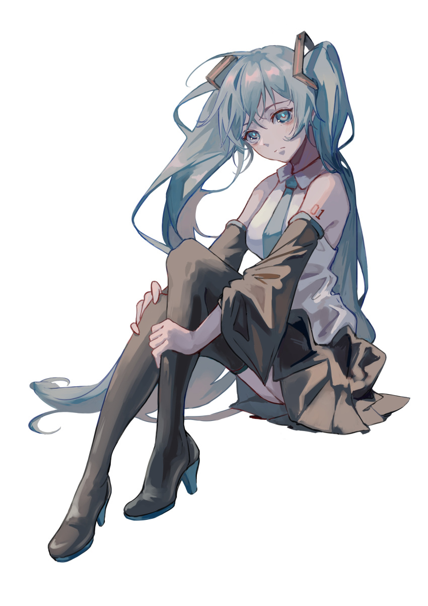 1girl absurdres aqua_eyes aqua_hair aqua_necktie bangs bare_shoulders black_footwear black_skirt boots chinese_commentary collared_shirt commentary_request detached_sleeves expressionless from_side full_body hand_on_own_knee hand_on_own_leg hatsune_miku high_heels highres knees_up long_hair looking_at_viewer necktie qiyanan shirt simple_background sitting skirt solo thigh_boots twintails very_long_hair vocaloid white_background white_shirt wide_sleeves