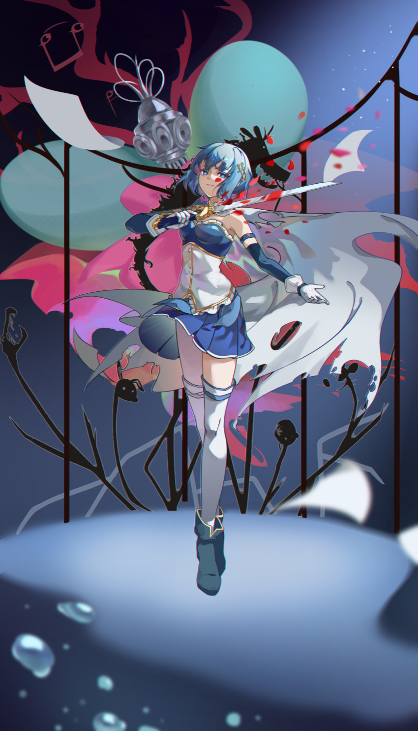1girl absurdres bangs bare_shoulders blue_background blue_eyes blue_footwear blue_hair blue_skirt blurry boots cape chinese_commentary commentary_request corset depth_of_field detached_sleeves full_body gloves hair_ornament highres holding holding_sword holding_weapon looking_at_viewer magical_girl mahou_shoujo_madoka_magica miki_sayaka oktavia_von_seckendorff outstretched_arm petals short_hair skirt solo standing sword thigh-highs torn_cape torn_clothes tuyutuan water_drop weapon white_cape white_gloves white_legwear