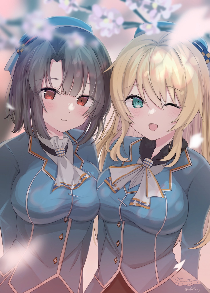 1girl atago_(kancolle) beret black_hair blonde_hair blue_headwear blurry breasts cherry_blossoms depth_of_field hat highres kantai_collection large_breasts long_hair looking_at_viewer military military_uniform petals red_eyes short_hair solo takao_(kancolle) uniform upper_body yoshino_(mfmfpng)
