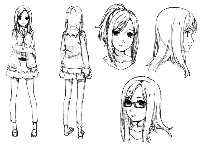 1girl belt belt_buckle bespectacled buckle buttons check_copyright closed_mouth collarbone copyright_request cropped_torso eyelashes from_side frown full_body glasses graphite_(medium) greyscale highres holding_own_arm jacket lips long_hair long_sleeves miniskirt monochrome multiple_views nostrils open_clothes open_jacket original pants pants_under_skirt pleated_skirt ponytail reference_sheet sandals shiwasu_takashi sidelocks simple_background sketch skirt sweater_jacket tareme toes traditional_media white_background
