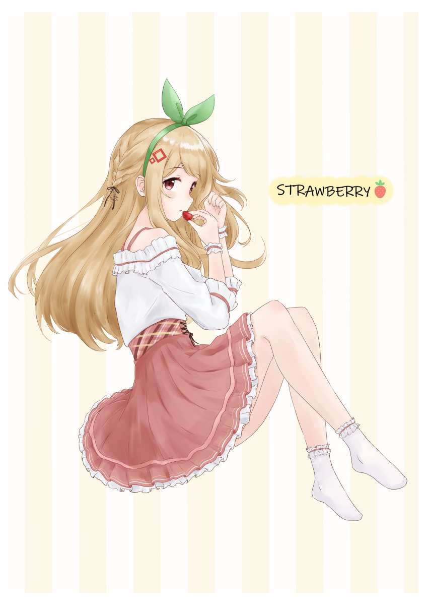 1girl absurdres ankle_socks bangs blonde_hair blush braid brown_eyes english_text food free_palet frills fruit hair_ornament hair_ribbon hairband hairclip highres holding holding_food holding_fruit long_hair long_sleeves looking_at_viewer no_shoes off-shoulder_shirt off_shoulder original parted_lips petticoat plaid plaid_skirt pleated_skirt ribbon ribbon_trim shirt skirt sleeves_past_elbows socks solo strawberry striped striped_background swept_bangs underbust wrist_cuffs