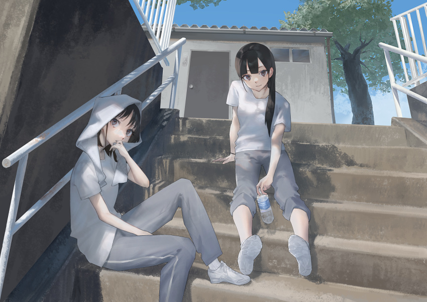 2girls black_hair blue_sky bottle building closed_mouth commentary_request fence grey_pants holding holding_bottle komari_dame long_hair looking_at_viewer multiple_girls original pants pants_rolled_up shadow shirt shoes short_sleeves sky smile sneakers towel towel_on_head track_pants tree water_bottle white_footwear white_shirt