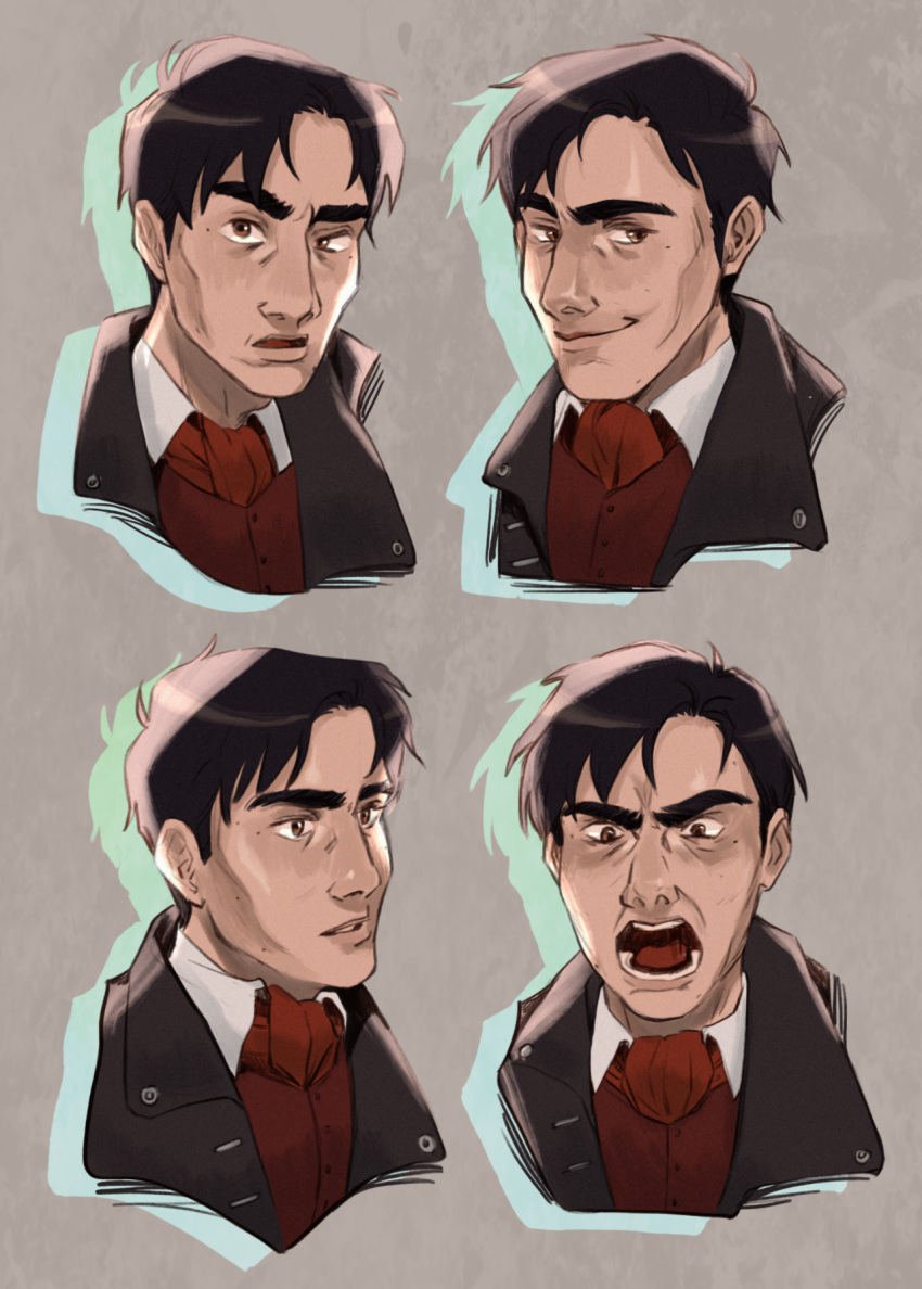 bachelor black_hair black_jacket character_sheet daniil_dankovsky expressions leather leather_jacket magicky-hands pathologic pathologic_2 red_ascot solo white_shirt