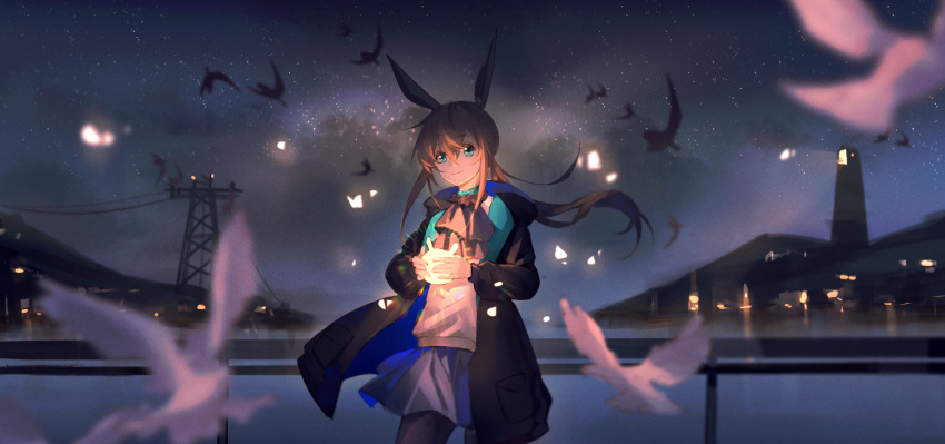 1girl amiya_(arknights) animal_ears arknights ascot bird black_legwear blue_coat blue_eyes blue_skirt brown_hair closed_mouth coat commentary cowboy_shot floating_hair glowing grey_ascot haku_(muc12b) highres holding lighthouse long_hair long_sleeves looking_at_viewer night night_sky open_clothes open_coat pantyhose rabbit_ears railing shirt skirt sky smile solo star_(sky) starry_sky transmission_tower white_shirt