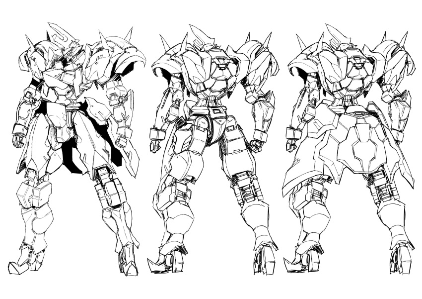 absurdres buster_dress caladbolg_(buster_dress) character_sheet clenched_hand highres mecha multiple_views no_humans official_art production_art sadamatsu_ryuuichi science_fiction sketch standing visor white_background
