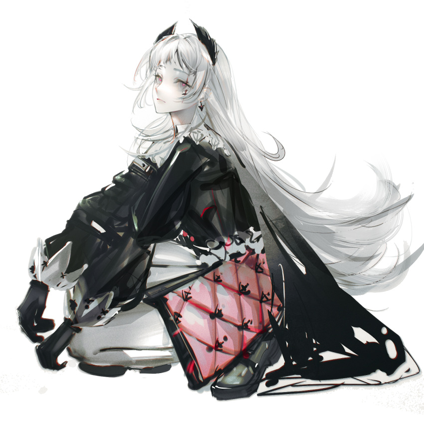 1girl arknights bangs black_cape black_footwear black_gloves black_jacket bright_pupils cape capelet closed_mouth commentary earrings expressionless from_side full_body gloves grey_eyes head_wings highres irene_(arknights) jacket jewelry kanoukin kneeling long_hair long_sleeves looking_at_viewer looking_to_the_side multicolored_clothes multicolored_skirt pantyhose parted_bangs pink_skirt red_pupils scar scar_across_eye scar_on_face shoes simple_background skirt solo very_long_hair white_background white_capelet white_hair white_legwear white_skirt