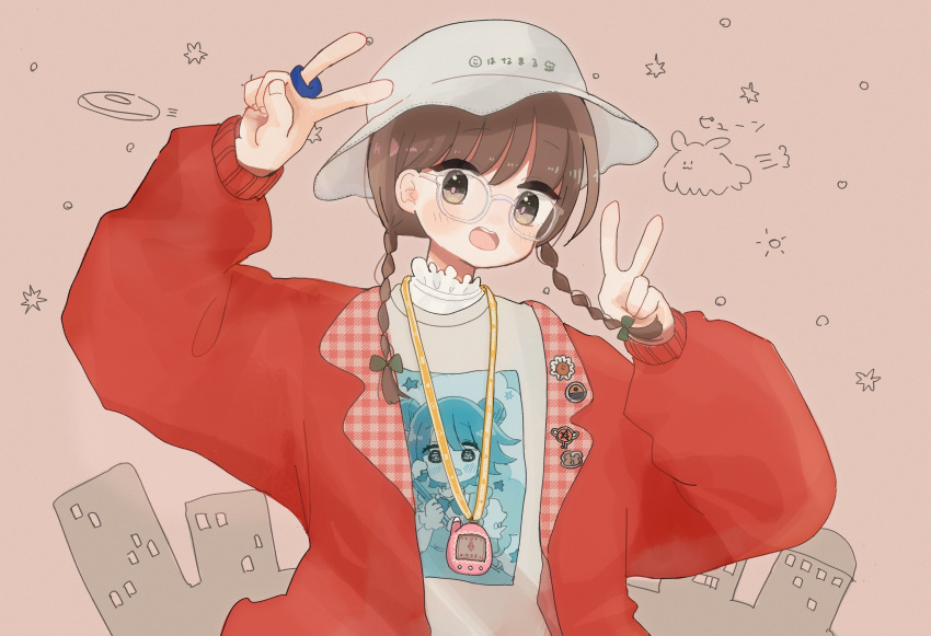 1girl badge bangs blazer blush blush_stickers bow braid brown_eyes brown_hair bucket_hat button_badge city clothes_writing double_v frilled_shirt_collar frills glasses hair_bow hat highres jacket jewelry lanyard lapel_pin layered_clothes long_hair long_sleeves open_mouth original print_shirt ring shirt smile solo t-shirt tamagotchi translation_request twin_braids v white-framed_eyewear wolf_gugu