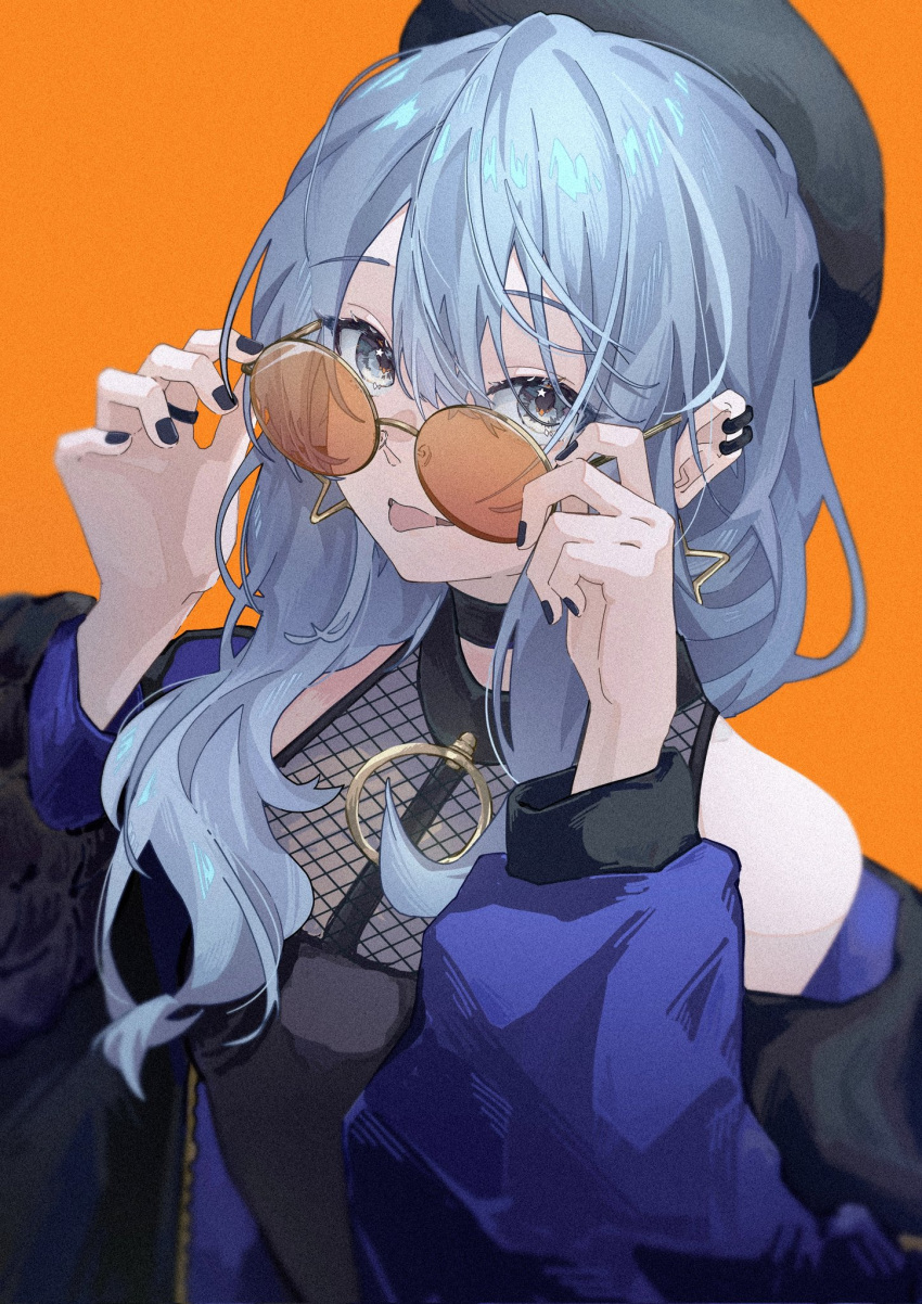 1girl bare_shoulders beret black_nails blue_eyes blue_hair choker earrings eyebrows_visible_through_hair fishnet_top fishnets glasses hat highres hololive hoshimachi_suisei jacket jewelry long_hair mirai99 nail_polish open_mouth orange_background solo star_(symbol) symbol-shaped_pupils tongue tongue_out virtual_youtuber
