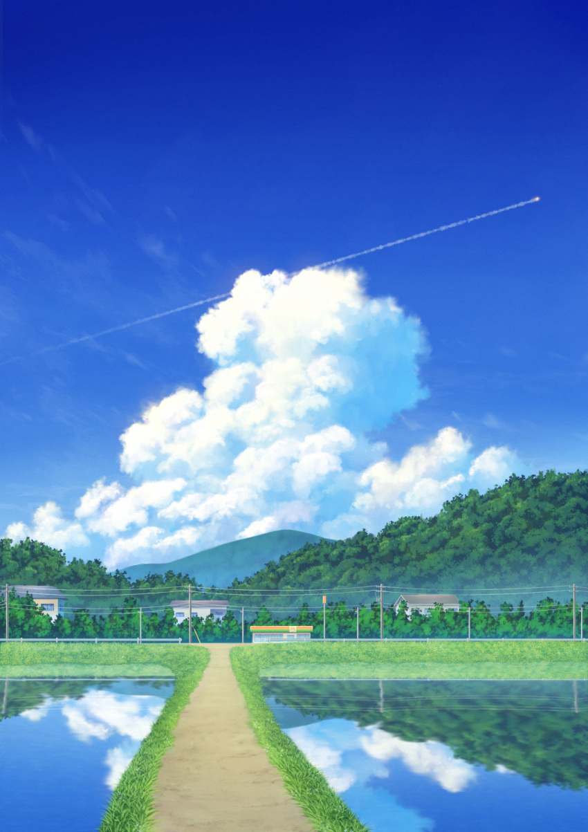 akairyokucha blue_sky clouds contrail convenience_store cumulonimbus_cloud day forest highres house landscape mountain mountainous_horizon nature no_humans original outdoors power_lines railing reflection reflective_water rice_paddy road rural scenery shop sky tree utility_pole vanishing_point water