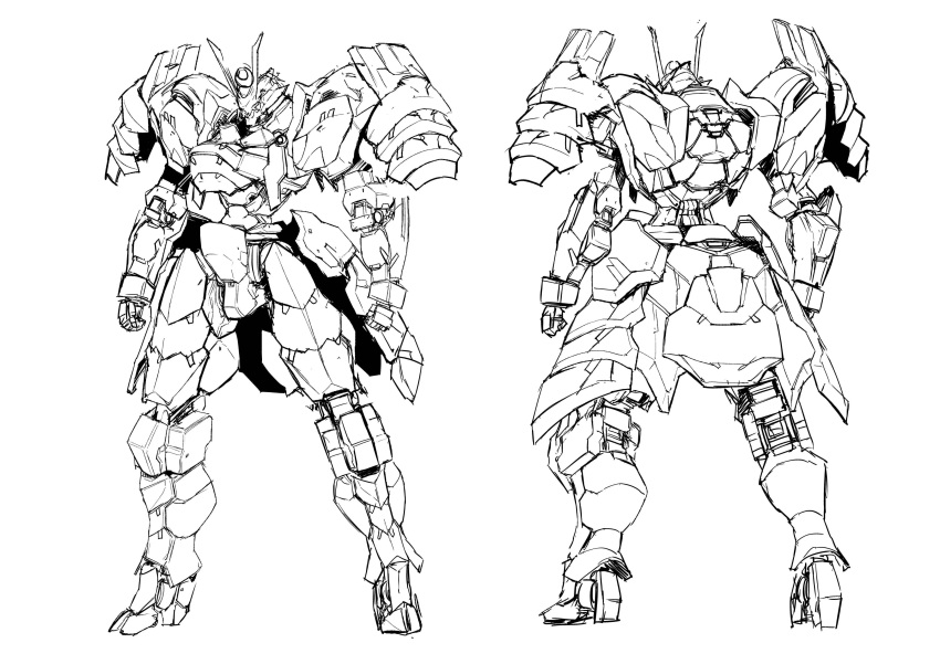 absurdres buster_dress caladbolg_(buster_dress) clenched_hands greyscale highres looking_ahead mecha monochrome multiple_views no_humans official_art production_art sadamatsu_ryuuichi sketch visor white_background