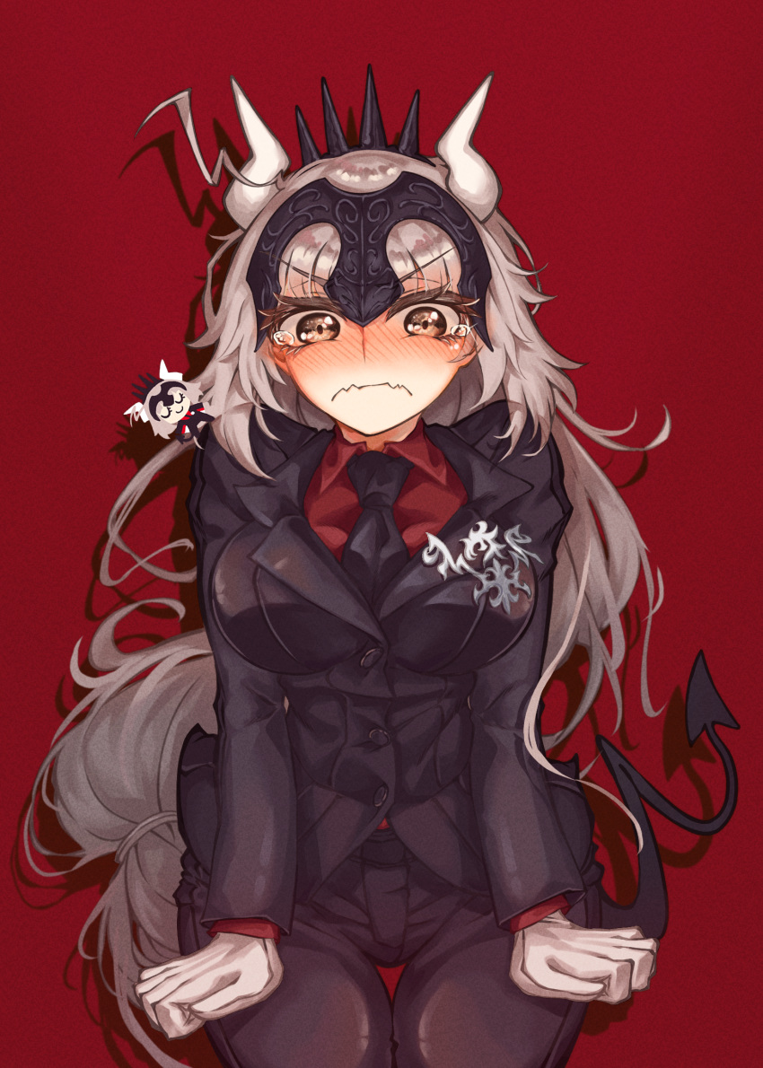 1girl black_necktie black_pants black_suit black_tail blush breasts collared_shirt cosplay cowboy_shot demon_horns demon_tail fate/grand_order fate_(series) formal gloves grey_hair headpiece helltaker highres horns jeanne_d'arc_alter_(fate) large_breasts long_hair lucifer_(helltaker) lucifer_(helltaker)_(cosplay) necktie pants red_background red_shirt ru_251 shirt solo standing suit tail very_long_hair white_gloves white_horns yellow_eyes