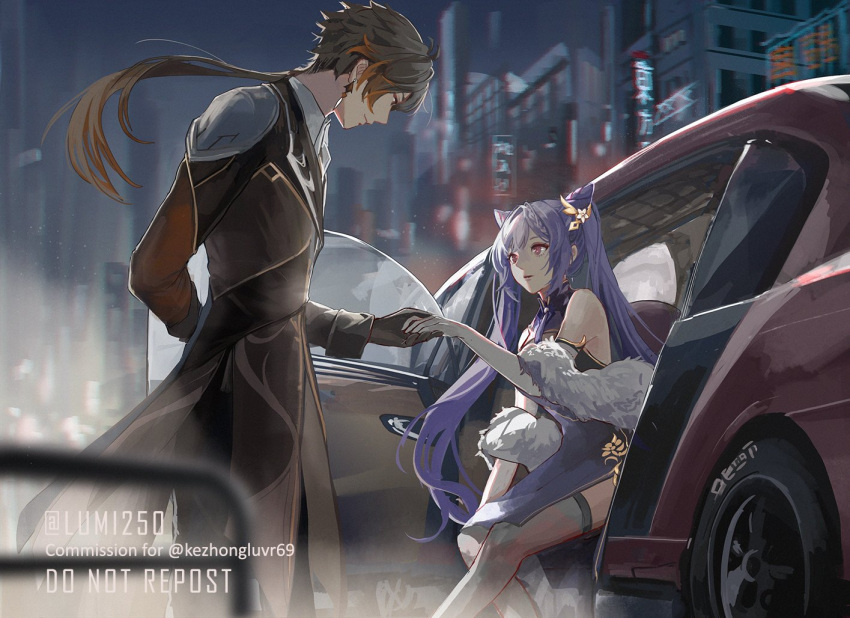 1boy 1girl arm_behind_back bangs black_gloves brown_hair car chinese_clothes commentary commission cone_hair_bun earrings feather_boa genshin_impact gloves gradient_hair ground_vehicle hair_ornament hand_grab jewelry keqing_(genshin_impact) long_hair looking_at_another lumi250 motor_vehicle multicolored_hair open_mouth orange_hair purple_hair sidelocks single_earring sitting smile standing tassel tassel_earrings thigh-highs violet_eyes zhongli_(genshin_impact)