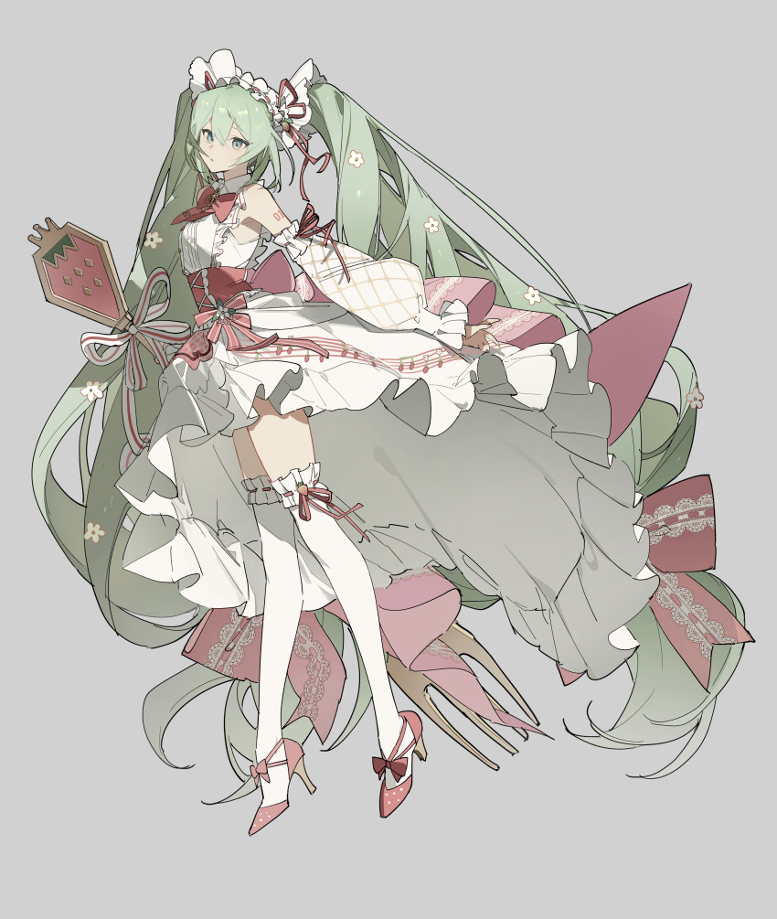 1girl absurdres aqua_eyes arm_tattoo bare_shoulders bow detached_sleeves dress flower food food_print fork frilled_dress frilled_legwear frilled_sleeves frills fruit green_hair grey_background hair_between_eyes hatsune_miku high_heels highres holding holding_fork long_hair maid_headdress musical_note musical_note_print oversized_object parted_lips pink_bow pink_footwear pink_ribbon red_bow red_ribbon ribbon simple_background sleeves_past_wrists solo strawberry strawberry_print striped tattoo thigh-highs triangle_mouth twintails very_long_hair vocaloid white_dress white_flower white_legwear zhibuji_loom