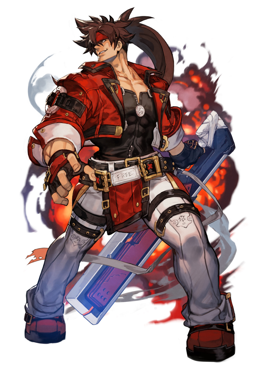 1boy absurdres belt belt_buckle black_gloves black_shirt boots brown_hair buckle covered_abs cropped_jacket explosion fingerless_gloves fingernails fireseal forehead_protector full_body gloves guilty_gear guilty_gear_strive hankuri headband highres holding holding_sword holding_weapon jacket male_focus multiple_belts muscular muscular_male pants pelvic_curtain ponytail red_footwear red_jacket reverse_grip shirt sleeves_pushed_up sol_badguy solo sword thigh_strap weapon white_background white_pants