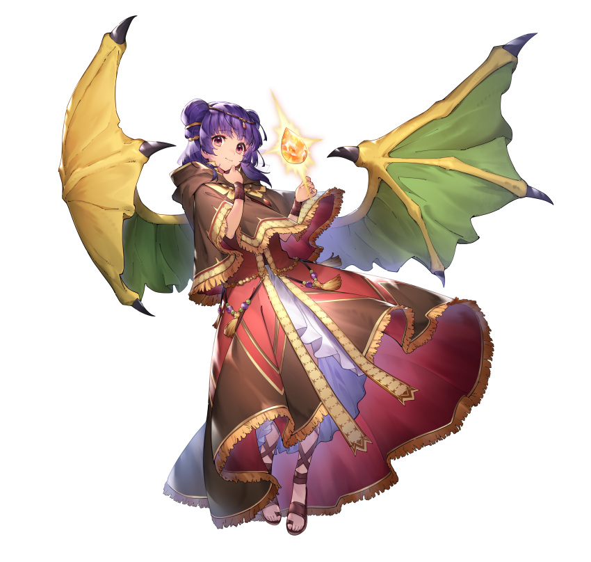 1girl absurdres bangs brown_capelet capelet closed_mouth commentary_request dragon_wings dress essual_(layer_world) fire_emblem fire_emblem:_the_sacred_stones fire_emblem_heroes floating floating_object full_body gold_trim gun hair_ornament highres hood hood_down long_hair looking_at_viewer myrrh_(fire_emblem) official_alternate_costume official_art purple_hair red_dress red_eyes short_dress short_hair simple_background smile solo stone toeless_footwear toes twintails violet_eyes weapon white_background wings