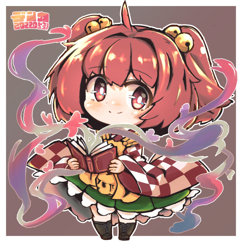 1girl apron bell book boots brown_footwear checkered checkered_clothes checkered_kimono chibi closed_mouth commentary_request cross-laced_footwear dnk frilled_skirt frills green_skirt hair_bell hair_ornament highres hitodama holding holding_book japanese_clothes kimono motoori_kosuzu orange_hair red_eyes red_kimono redhead short_hair skirt smile touhou twintails two-tone_kimono two_side_up white_kimono yellow_apron