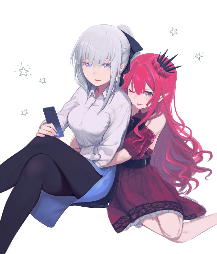 2girls absurdres bangs bare_shoulders black_bow black_legwear blue_eyes blush bow braid breasts daisi_gi dress fairy_knight_tristan_(fate) fate/grand_order fate_(series) french_braid grey_eyes grey_hair highres holding holding_phone large_breasts long_hair long_sleeves morgan_le_fay_(fate) multiple_girls one_eye_closed open_mouth pantyhose phone pink_hair pointy_ears red_dress selfie sidelocks skirt smile taking_picture tiara tongue tongue_out