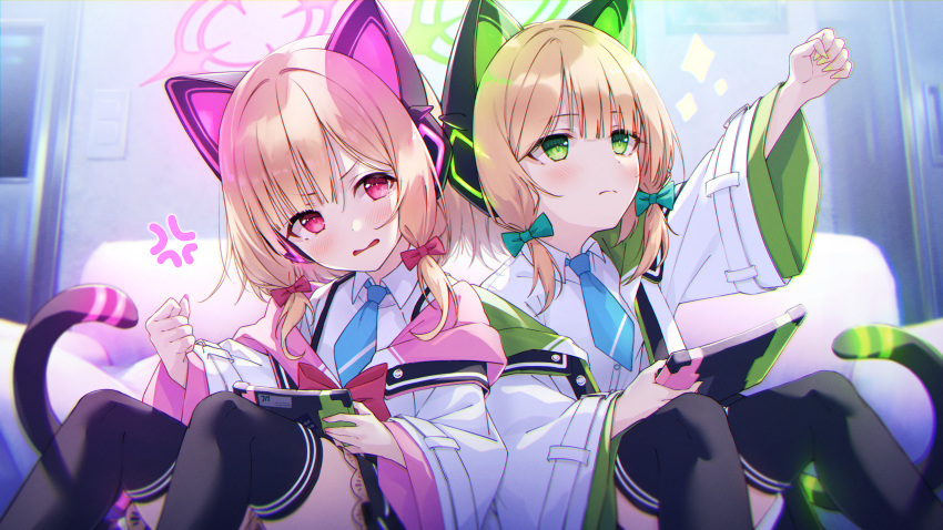 2girls absurdres anger_vein animal_ears arm_up bangs black_legwear blonde_hair blue_archive blue_necktie blurry blurry_background blush bow cat_ear_headphones cat_ears clenched_hand closed_mouth collared_shirt commentary_request depth_of_field eyebrows_visible_through_hair fake_animal_ears feet_out_of_frame glowing green_bow green_eyes hair_bow halo hasumi_(hasubatake39) headphones highres holding indoors jacket knees_up long_sleeves midori_(blue_archive) momoi_(blue_archive) multiple_girls necktie nintendo_switch off_shoulder open_clothes open_jacket outstretched_arm parted_lips red_bow red_eyes shirt short_necktie siblings sidelocks sisters sitting tail tears thigh-highs twins white_jacket white_shirt wide_sleeves