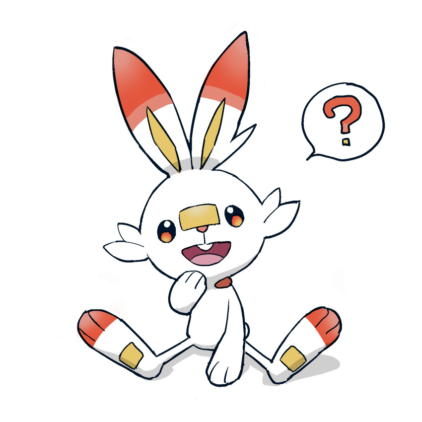 :d ? brown_eyes commentary_request full_body highres minato_(mntnm) no_humans open_mouth pokemon pokemon_(creature) scorbunny simple_background sitting smile solo spoken_question_mark teeth tongue upper_teeth white_background