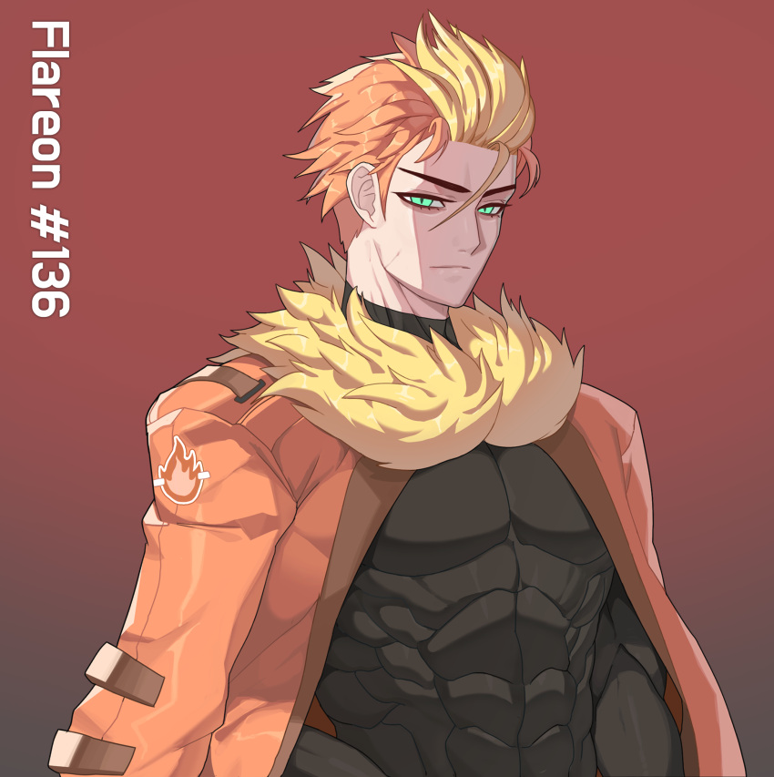 1boy black_bodysuit blonde_hair bodysuit bodysuit_under_clothes character_name closed_mouth commentary_request drunkoak english_commentary flareon forehead fur-trimmed_jacket fur_collar fur_trim gradient gradient_background green_eyes hair_between_eyes half-closed_eyes highres jacket korean_commentary long_sleeves looking_at_viewer male_focus mixed-language_commentary multicolored_hair muscular muscular_male open_clothes open_jacket orange_hair orange_jacket partial_commentary personification pokedex_number pokemon red_background scar scar_on_face shiny shiny_hair short_hair simple_background skin_tight solo two-tone_hair upper_body