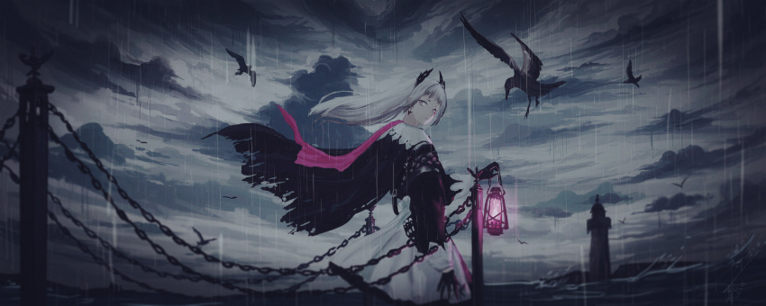 1girl :/ absurdres arknights bangs belt belt_buckle bird black_cape black_gloves black_jacket bright_pupils buckle cape chain closed_mouth clouds cloudy_sky commentary cowboy_shot earrings from_side gloves glowing grey_eyes grey_hair head_wings highres holding holding_lantern huashixiatao irene_(arknights) jacket jewelry lantern lighthouse long_hair long_sleeves looking_at_viewer looking_to_the_side ocean pink_pupils pink_ribbon pole rain ribbon scar scar_across_eye scarf seagull shirt skirt sky solo water white_skirt