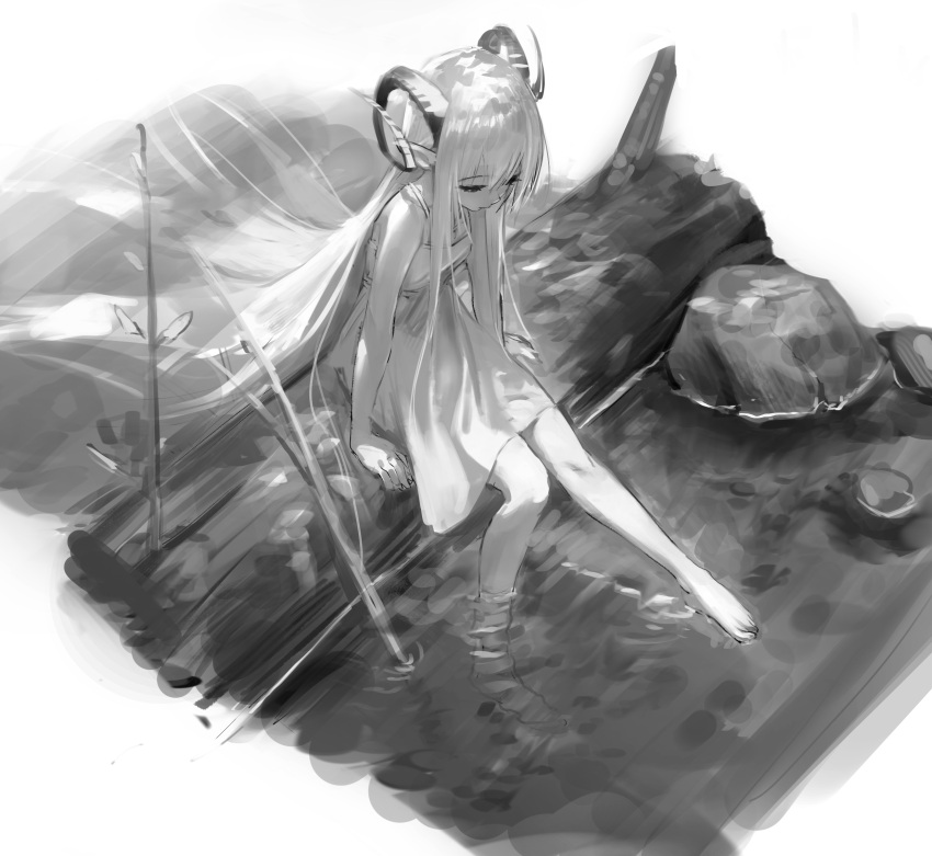 1girl bare_shoulders barefoot closed_mouth curled_horns dress eyelashes greyscale half-closed_eyes hara_shoutarou highres horns log long_eyelashes long_hair monochrome original outdoors pointy_ears ripples river rock sitting sitting_on_log solo twig very_long_hair water