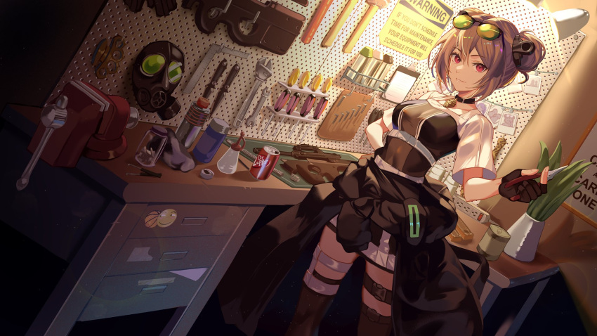 1girl brass_knuckles bullpup can gas_mask girls_frontline gun hammer highres mask niac p90 p90_(girls'_frontline) plant screwdriver soda_can submachine_gun table weapon