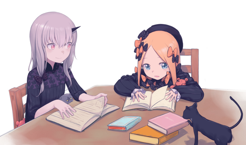 2girls abigail_williams_(fate) absurdres blonde_hair blue_eyes blush book bow cat daisi_gi fate/grand_order fate_(series) hair_bow highres lavinia_whateley_(fate) long_hair long_sleeves looking_at_another multiple_bows multiple_girls open_mouth orange_bow pink_eyes polka_dot polka_dot_bow sitting smile studying violet_eyes white_hair