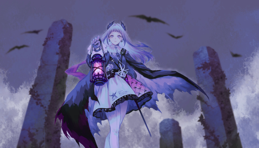 1girl absurdres ammunition_belt arknights artificialmoor bangs bird black_cape black_jacket blunt_bangs cape capelet closed_mouth clouds commentary expressionless facing_viewer feet_out_of_frame floating_hair frilled_skirt frills grey_eyes grey_hair head_wings highres holding holding_lantern irene_(arknights) jacket lantern long_hair looking_afar multicolored_clothes multicolored_skirt pantyhose pillar pink_skirt purple_pupils rapier scar scar_across_eye scar_on_face skirt sky solo sword weapon white_capelet white_legwear white_skirt