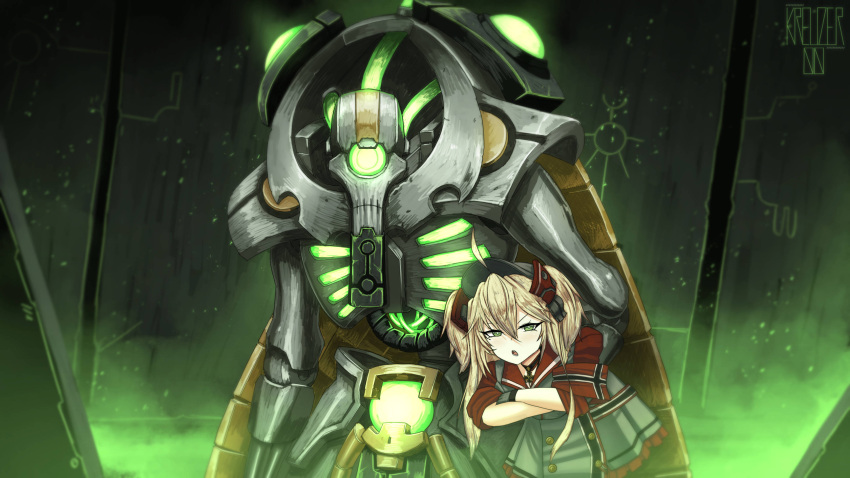 1girl 1other :o absurdres admiral_hipper_(azur_lane) ahoge armband artist_name azur_lane bangs blonde_hair commission cross crossed_arms crossover green_eyes hair_between_eyes highres iron_cross kreuzer_00 narrowed_eyes necron open_mouth pout robot sleeves_rolled_up two_side_up visor_cap warhammer_40k