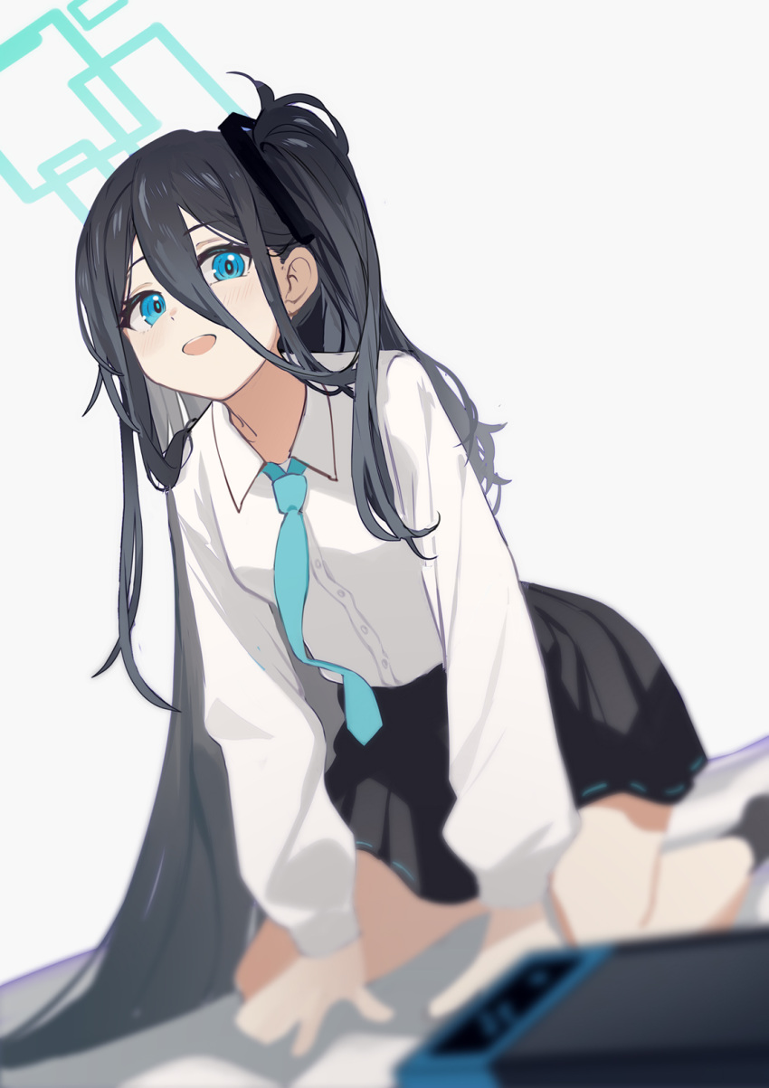 1girl absurdly_long_hair all_fours arisu_(blue_archive) black_hair blue_archive blue_eyes blue_necktie hairband halo handheld_game_console highres hua_ben_wuming long_hair looking_at_viewer necktie nintendo_switch no_jacket open_mouth school_uniform shirt solo teeth upper_teeth very_long_hair white_shirt