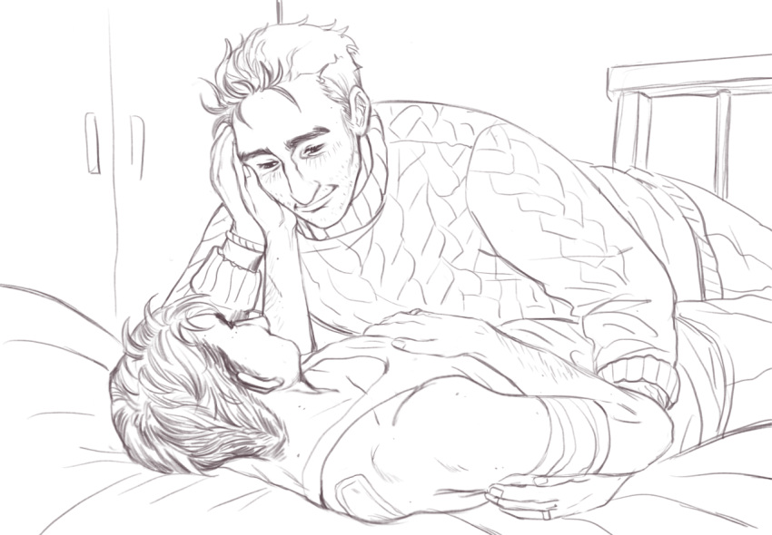 2men artemy_burakh bachelor bandages bracelet daniil_dankovsky embrace eye_contact greyscale hand_on_another's_cheek haruspex injury jewelry laying_down laying_on_person magicky-hands on_back on_bed on_stomach pathologic pathologic_2 short_hair sketch sweater tank_top