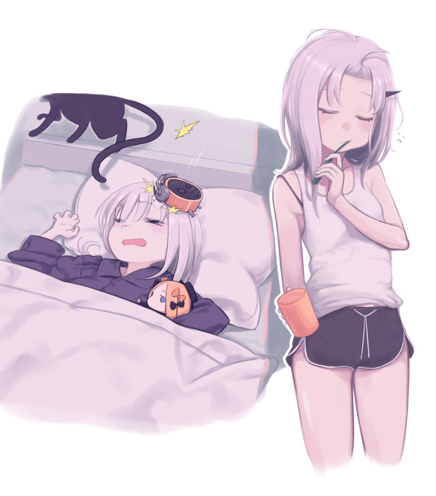 2girls absurdres alarm_clock bangs blush breasts brushing_teeth clock closed_eyes daisi_gi detached_sleeves fate/grand_order fate_(series) halloween highres horns lavinia_whateley_(fate) long_hair long_sleeves multiple_girls short_shorts shorts single_horn sleeping sleepy small_breasts stuffed_toy white_hair