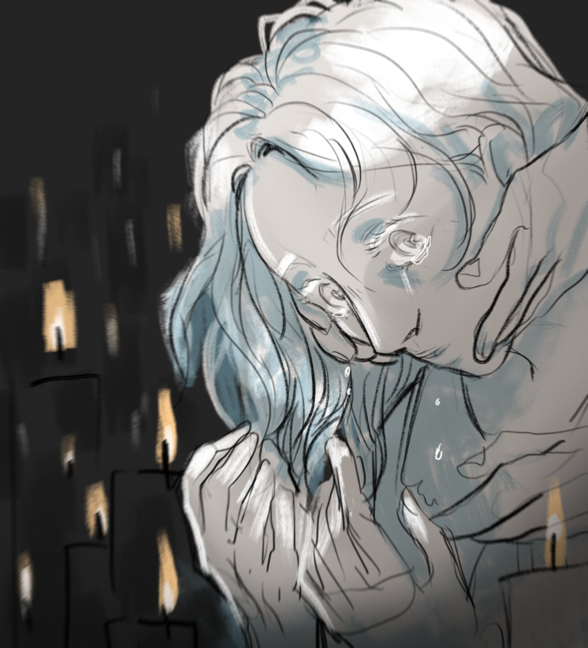 1girl candle comforting crying flame ghost grace_(pathologic) greyscale hands_on_another's_face magicky-hands pathologic pathologic_2 sketch tears termites white_hair