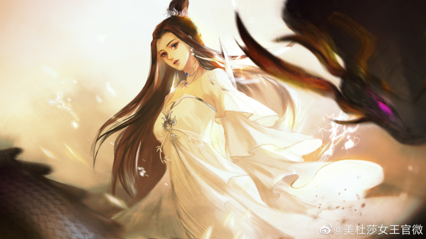 1girl absurdres backlighting brown_hair chinese_clothes choker dress electricity hair_bun highres jewelry looking_down lu_xueqi_(zhu_xian) mei_du_sha_nuwang_zhuye necklace open_mouth snake sword sword_behind_back teeth upper_body weapon white_dress zhu_xian